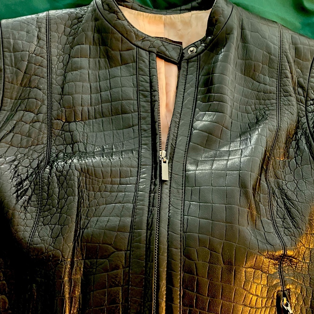 Cole Haan Lambskin Leather Croc-Embossed Racer Moto Jacket - Size Medium